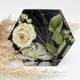 GLASH | Memorial Resin Hexagon Keepsake with personal inclusions, delicate memorial details, preserved flowers and ash.