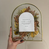 Gold arched double-glass frame with preserved pressed flowers surrounding a Psalm 139:14 scripture keepsake.