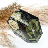 GLASH | Memorial Resin Hexagon Keepsake with personal inclusions, delicate memorial details, preserved flowers and ash.