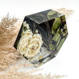 GLASH | Memorial Resin Hexagon Keepsake with personal inclusions, delicate memorial details, preserved flowers and ash.