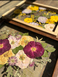 Preserved yellow, burgundy and blush flowers arranged by hand for a custom Just Bloom pressed flower frame.
